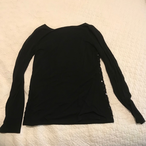 Sparkly INC sequin-striped black on black long sleeve boat neck top (L) - Picture 3 of 13